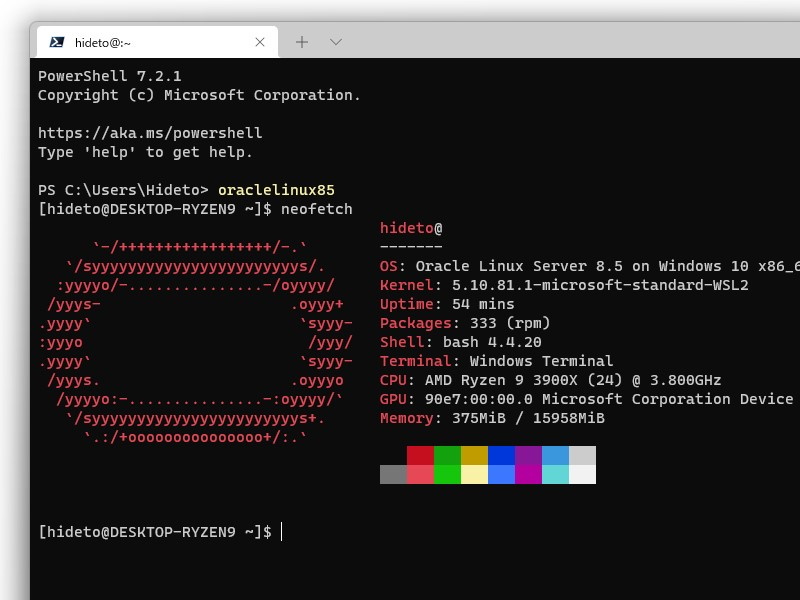 「Oracle Linux 8.5」を実行した様子