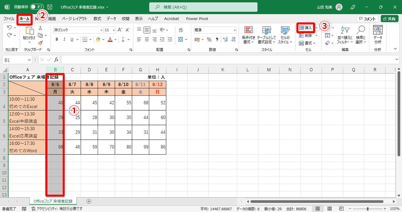 B列（①）を選択した状態で、［ホーム］タブ（②）→［挿入］（③）をクリック