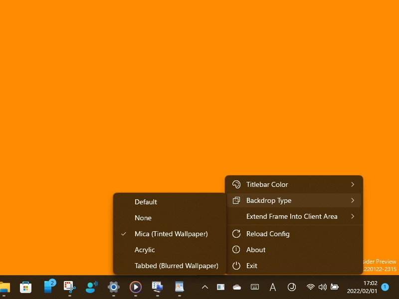 Windows 11のプレビュービルド（22523以降）ならば、「アクリル」マテリアル効果なども選択できる