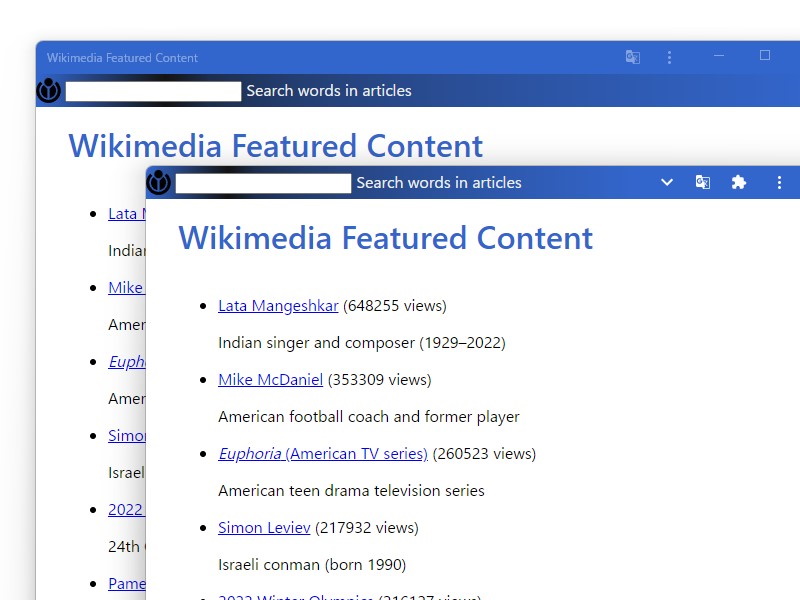 Webアプリのタイトルバー部分を開発者がカスタマイズ（手前のウィンドウ）