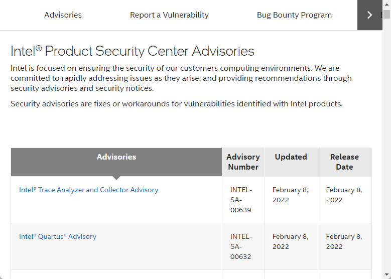 Intel、合計22件のセキュリティアドバイザリをリリース