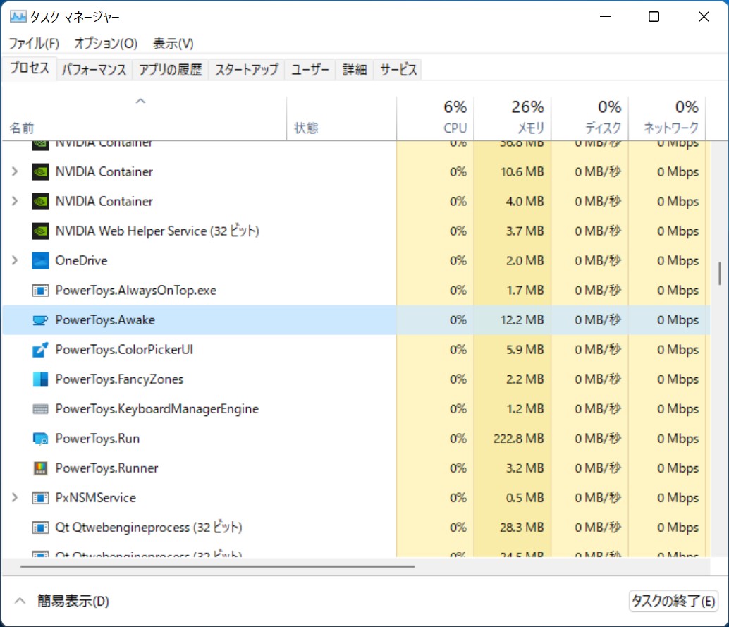 「タスク マネージャー」で「PowerToys.Awake.exe」を強制終了。面倒でなければ、OSを再起動してもよい