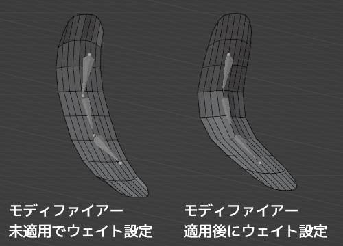 「サブディビジョンサーフェスモディファイアー」未適用で頂点グループのウェイトを設定した場合と、適用後に設定した場合。同じポーズなのに変形に違いが発生
