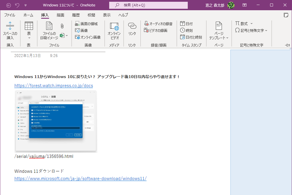 ［挿入］タブを開いた状態。表や画像、ビデオなど、他のOfficeアプリと同じ感覚で操作できる