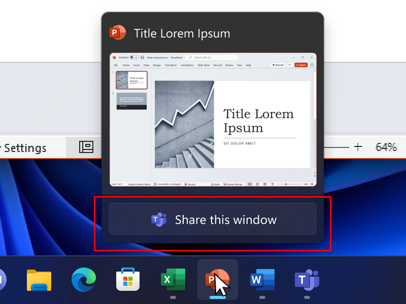 タスクバーからアプリのウィンドウを直接「Microsoft Teams」通話へ共有