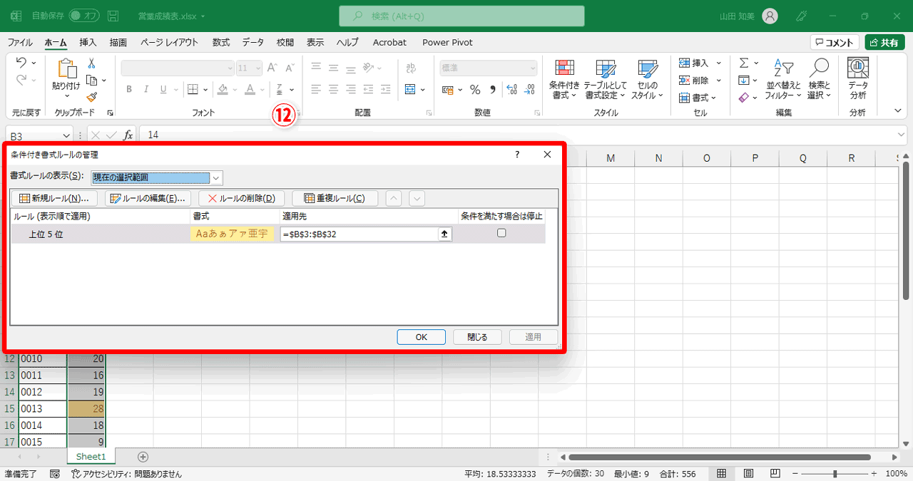［条件付き書式ルールの管理］ダイアログボックス（⑫）で設定されたルールを確認できます
