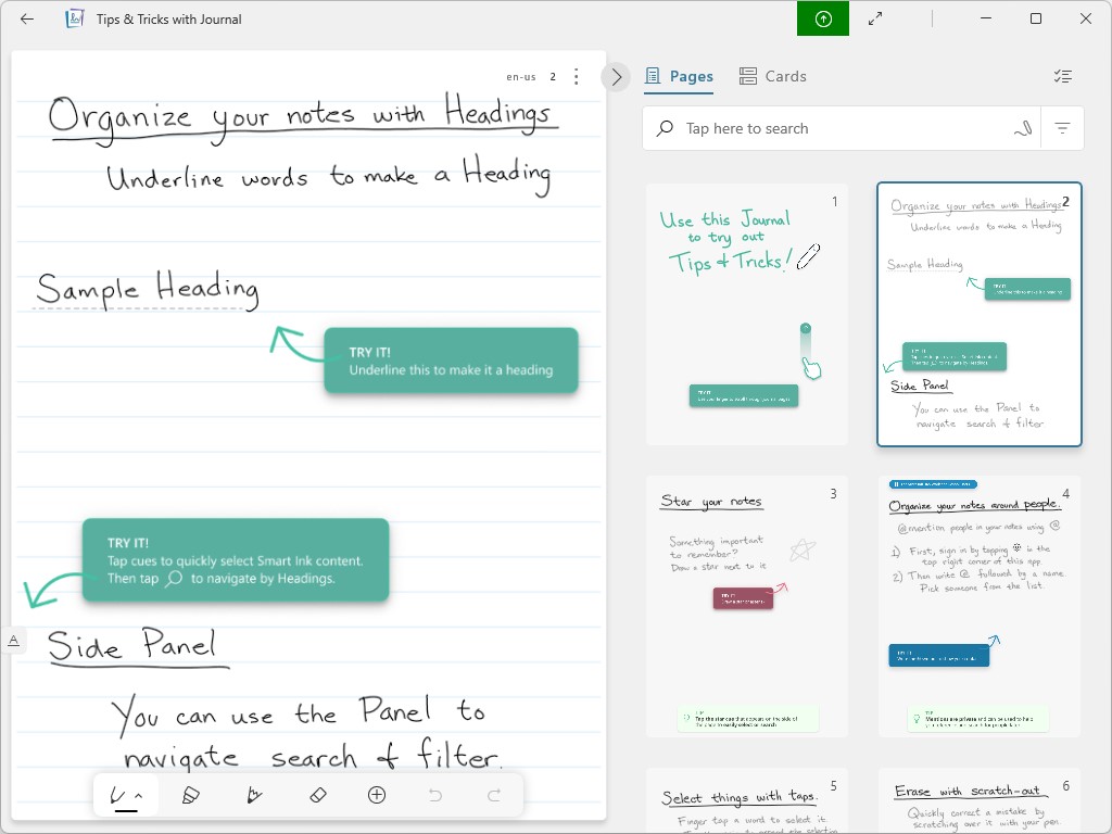 「ページ」に手書きしたインクをAIがテキストデータに。「Surface Slim Pen 2」ならば書き味もまるで紙とペンのようだ