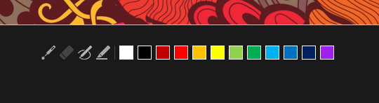 画面下部中央には［レーザーポインター］［消しゴム］［ペン］［蛍光ペン］ツールのアイコンが並ぶ。右側のパレットでは［ペン］［蛍光ペン］ツールの選択時に色を変更可能