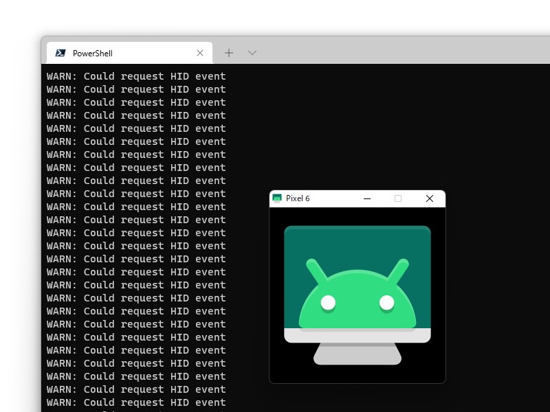 「scrcpy」のロゴだけが表示されたウィンドウが表示され、キーボード・マウスのHID入力イベントをAndroidデバイスへ転送する