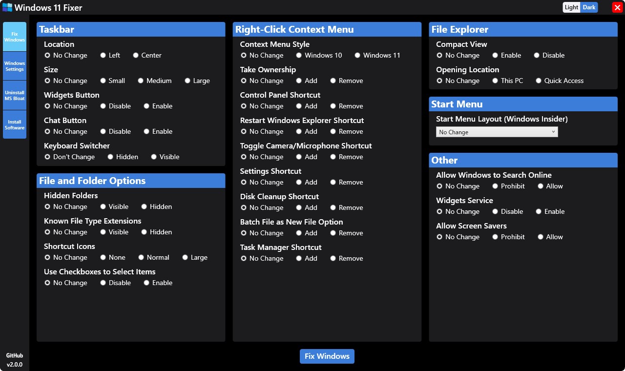 タスクバーや右クリックメニュー、エクスプローラーなど、シェル関係のカスタマイズ項目を集約した「Fix Windows」画面。ライト・ダークモードの切り替えは、画面右上のスイッチから可能