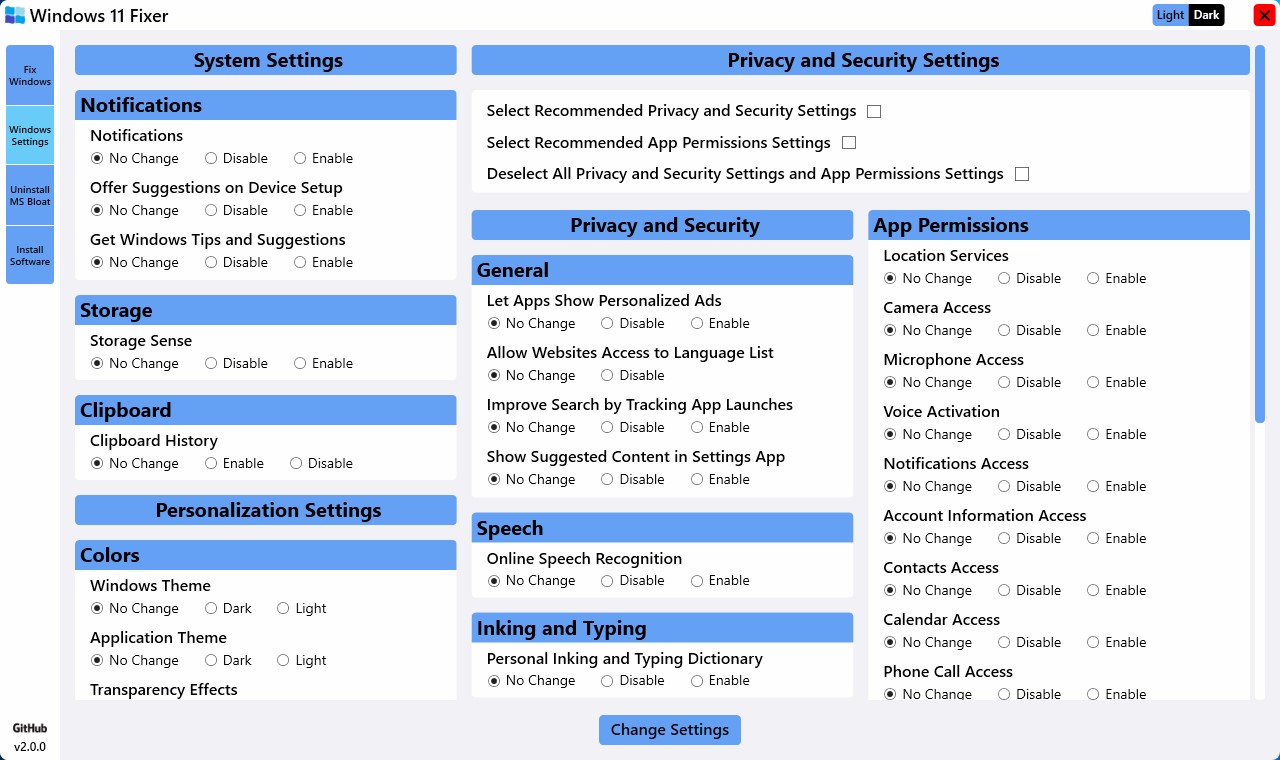 システムやプライバシー、セキュリティ関連の設定をおさめた「Windows Settings」画面。基本的にOSの設定画面からも変更できるものばかりだが、1カ所に集められているのは便利