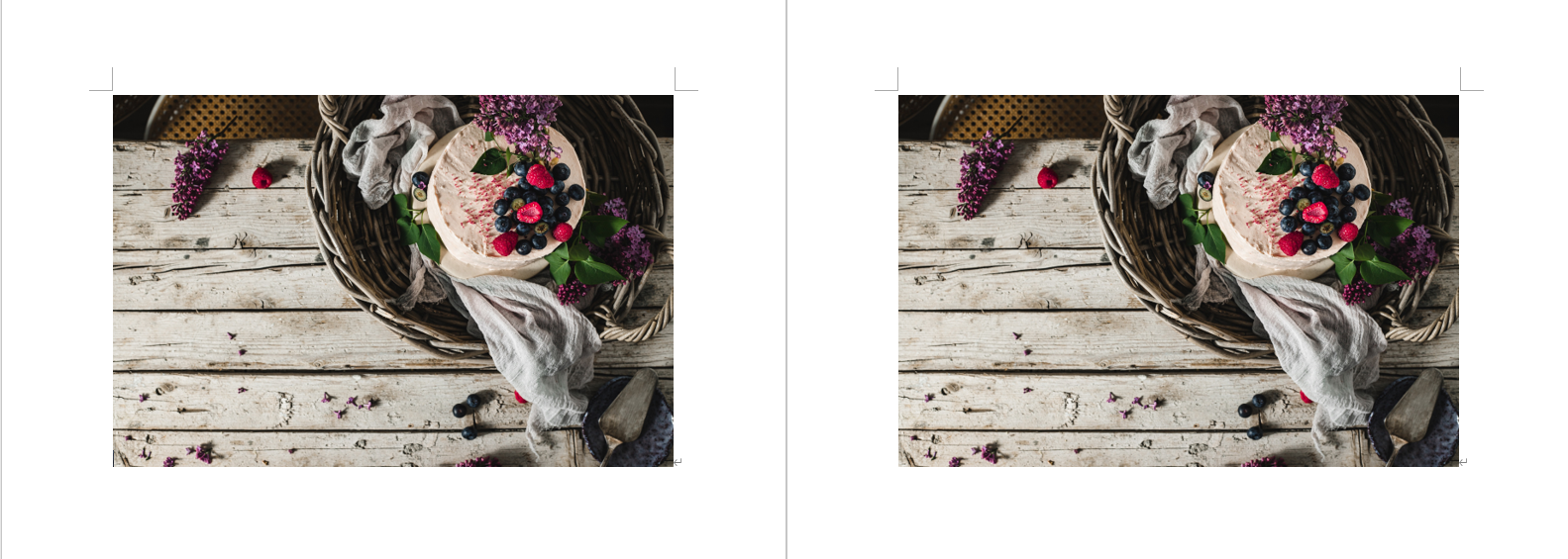 96dpiの設定で挿入した画像（左）と330dpiの設定で挿入した画像（右）。モニターの表示では同じように見える