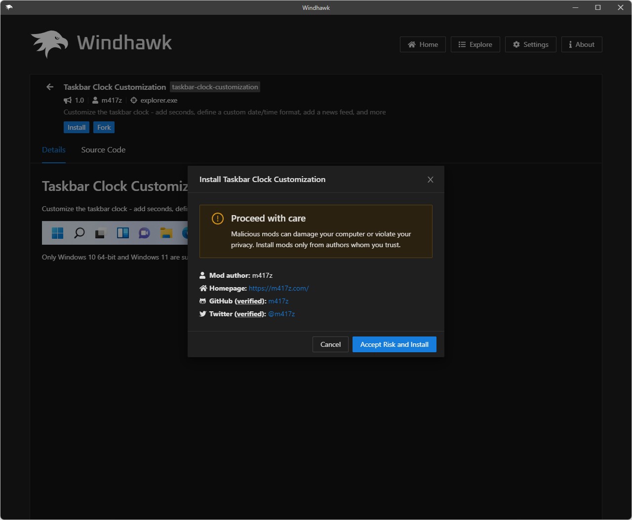 「Taskbar Clock Customization」をインストール