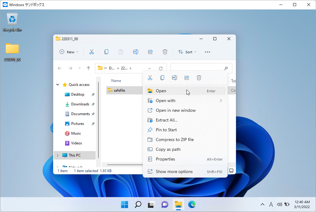 そのファイルが保存された状態で「Windows サンドボックス」が起動する