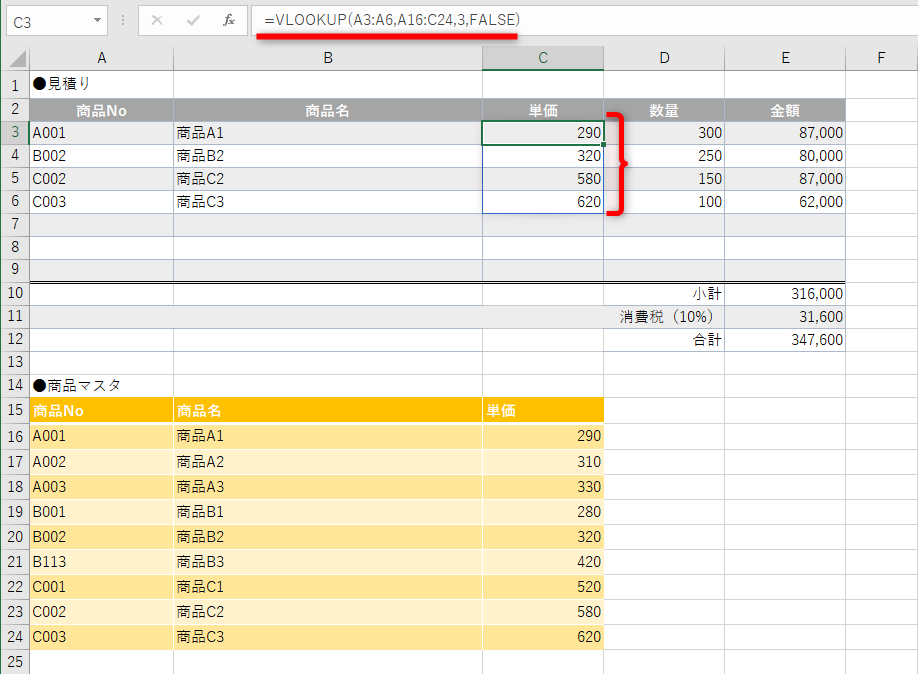 セルC3に「=VLOOKUP(A3:A6,A16:C24,3,FALSE)」と入力した