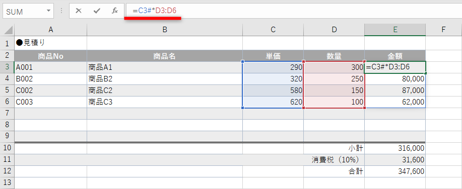 セルE3の数式を「=C3#*D3:D6」と修正する