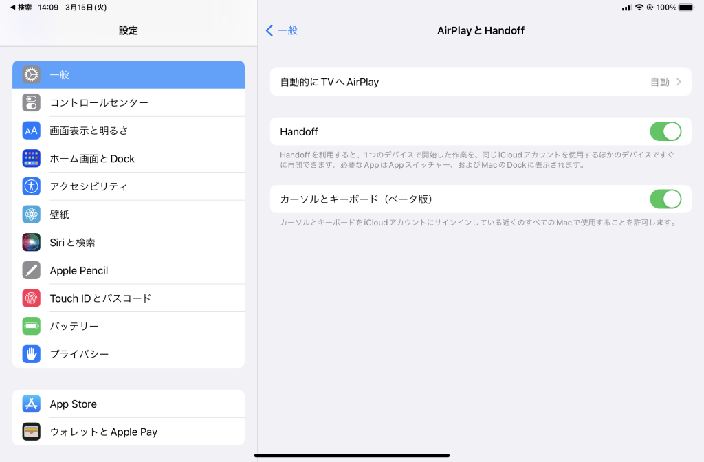 iPad側の設定画面。「ユニバーサルコントロール」の利用には「iPadOS 15.4」への更新が必要
