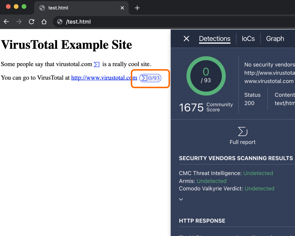 リンクに「VirusTotal」アイコンを追加し、検出率などを表示。クリックするとサイドパネルで詳細情報が得られる