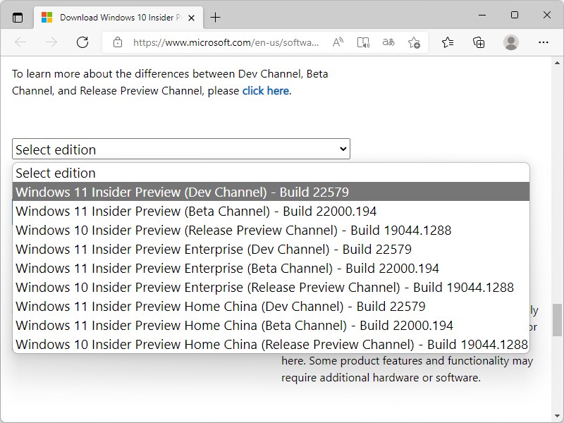 プルダウンメニューでダウンロードしたいビルドを選択