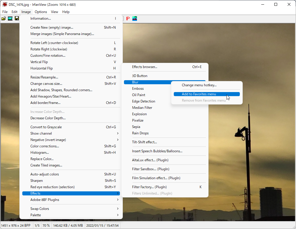 メニュー項目の右クリックメニューから［Add Favorite menu］を選んで［Favorite］サブメニューへ項目を追加