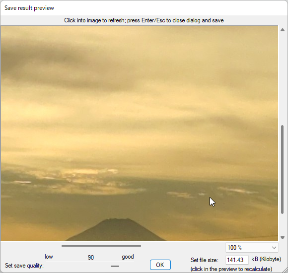 JPEG画像保存時のプレビュー画面には、ズーム機能とスクロール機能が追加