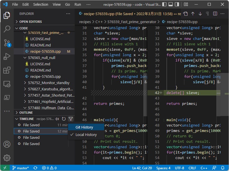 「Git」などのソース管理に依らない「ローカル履歴」（local history）機能