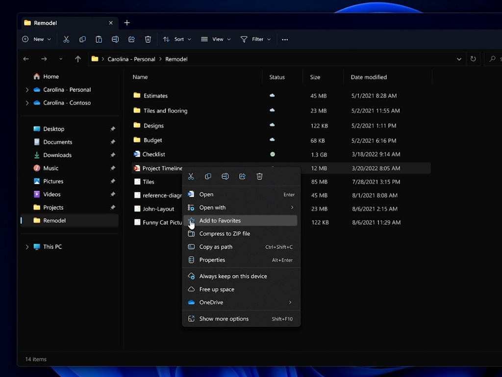 よく使うファイルを右クリックメニューから「お気に入り」にすることで、ホーム画面にピン留めできる