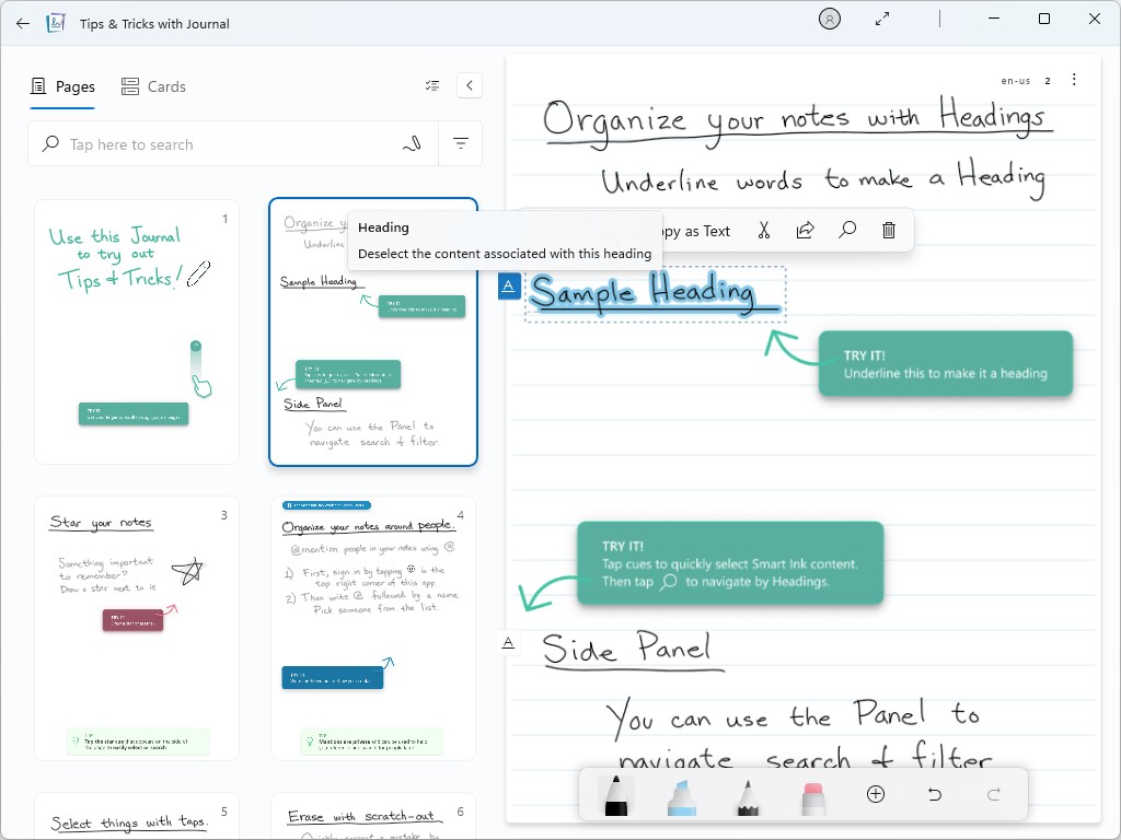 ページ単位でキャンバスを管理。テキストを手書きし、下線や星印、ビュレットを書き込むことで見出しやお気に入り、箇条書きとしてマーキングできる