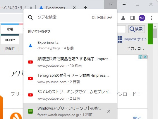 通常のタブ検索パネル