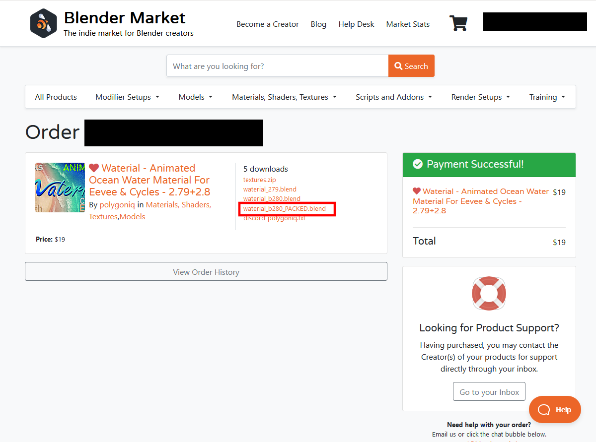 購入後の画面から「waterial_b280_PACKED.blend」をダウンロード