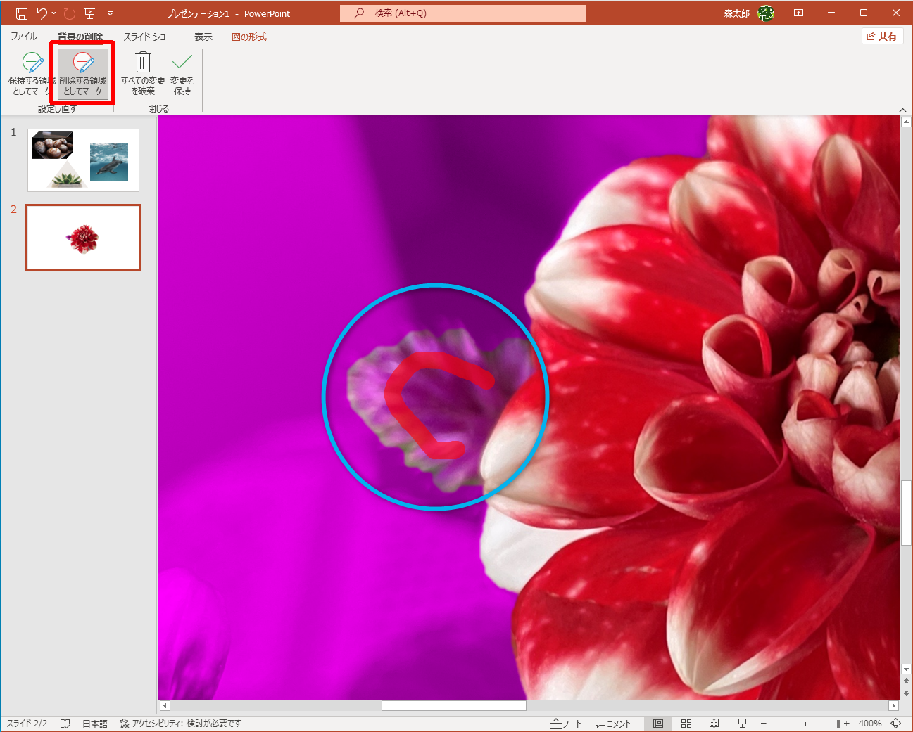 ［削除する領域としてマーク］をクリック。拡大表示しておいたほうが作業しやすい。ペンの形に変わったマウスポインターで切り抜きたい範囲をなぞる。囲む必要はないので、ある程度余裕を持たせて線を引くとうまくいく