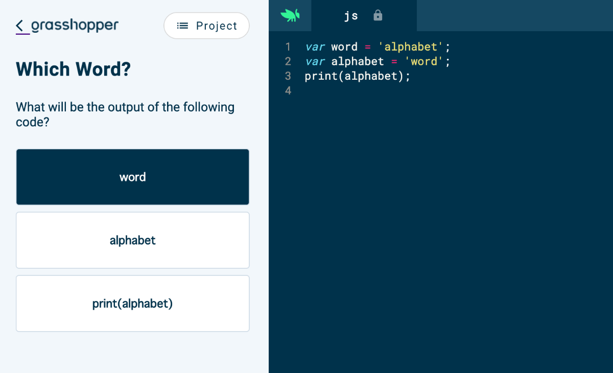 変数のふるまいを理解しているかどうかのチェックテスト。このコードを実行したら出力されるのはどれ？という問題