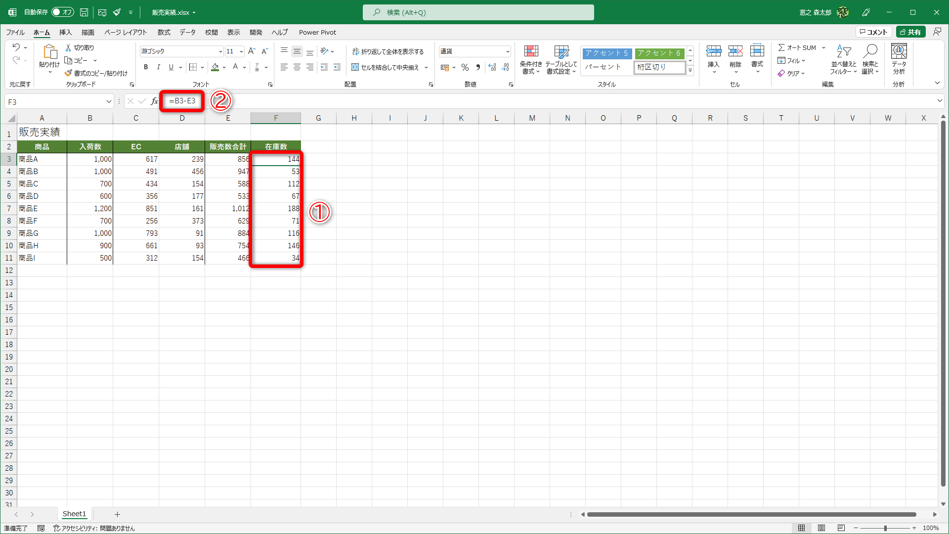 「在庫数」（①）に「アイコンセット」を表示してみましょう。セルF3には「=B3-E3」（②）と入力してあり、セルF4～F11にはセルF3の数式をコピーしてあります