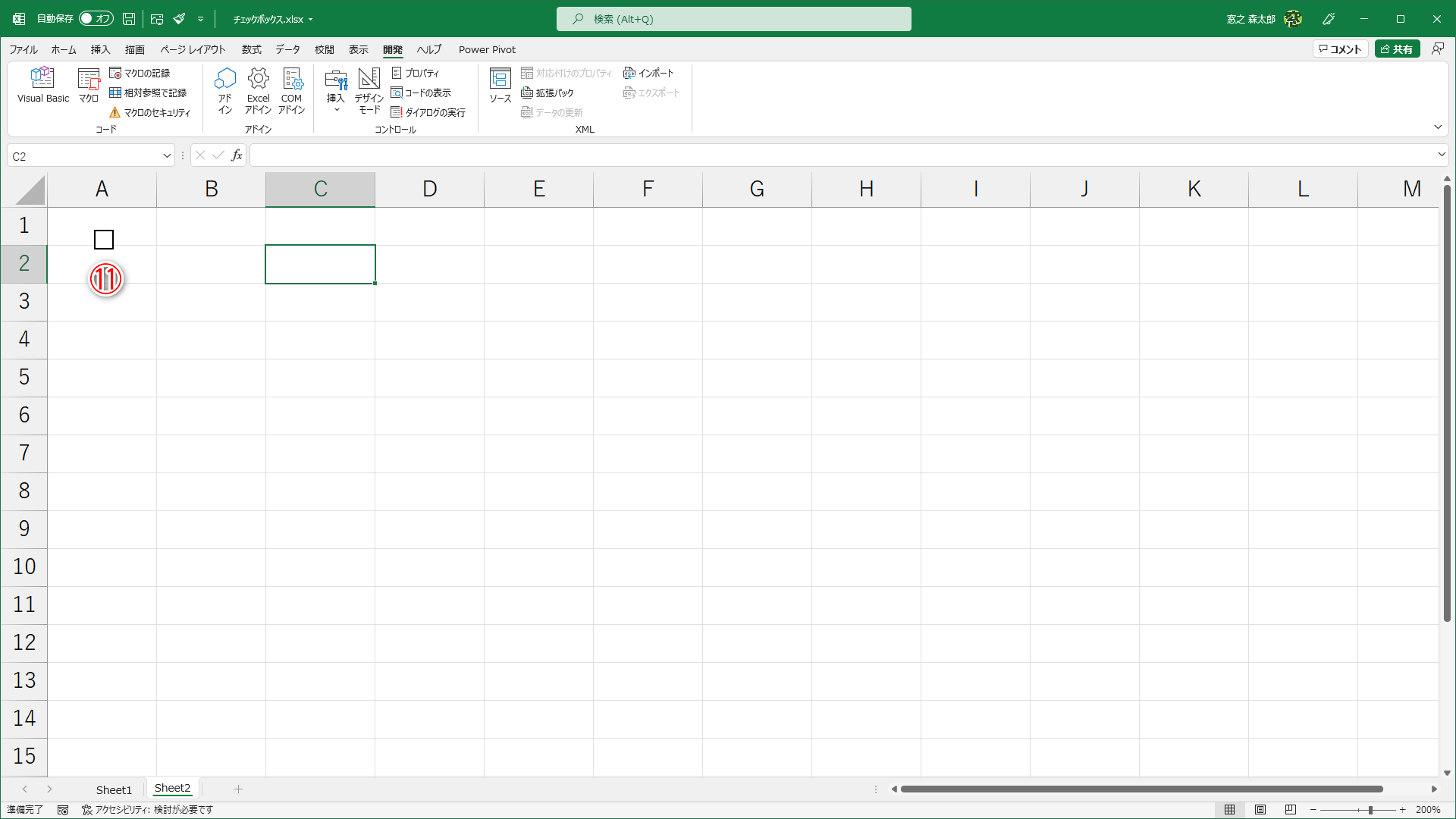 「チェック1」の文字が削除されてチェックボックスのみ（⑪）になりました