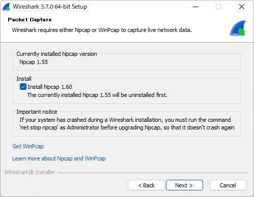 「Npcap」をv1.55からv1.60へとアップデート