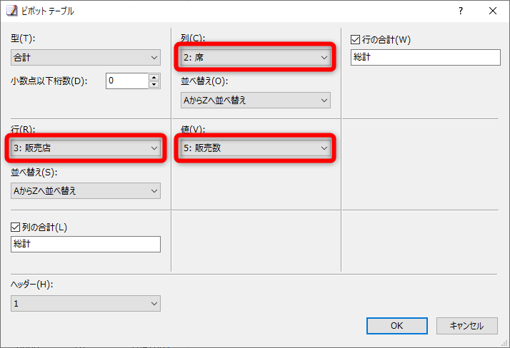 ［ピボットテーブル］ダイアログボックスが表示された。ピボットテーブルの「行」「列」「値」を指定する。ここでは「行」に［販売店］、並べ替えは昇順、「列」に［席］、並べ替えは昇順、「値」は［販売数］とした。［列の合計］［行の合計］は集計値を合計するかどうかのチェックボックスだ