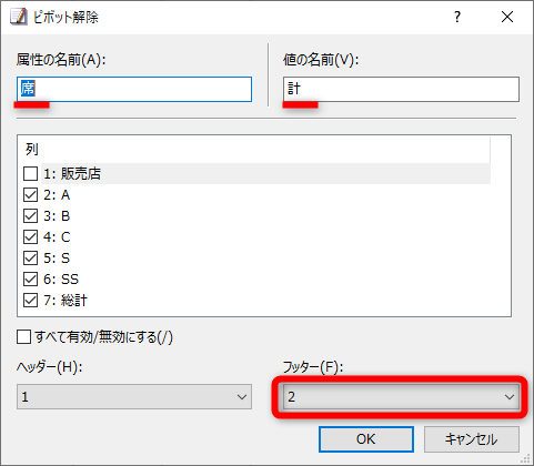 ［ピボット解除］ダイアログボックスが表示された。［属性の名前］はピボットテーブルで上端の見出し（列）のことだ。ここでは「席」とした［値］は集計値なので「計」とした。［販売店］は残すのでチェックをはずした。［フッター］は一覧表に切り替える際に“含めない”範囲を示す。8行目の「総計」行と9行目の空行は不要なので［2］とした