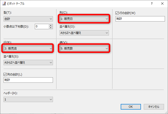 元の状態から［ピボットテーブル］ダイアログボックスを表示しておく。ここでは「行」に［販売店］、並べ替えは昇順、「列」に［販売日］、並べ替えは昇順、「値」は［販売数］とした
