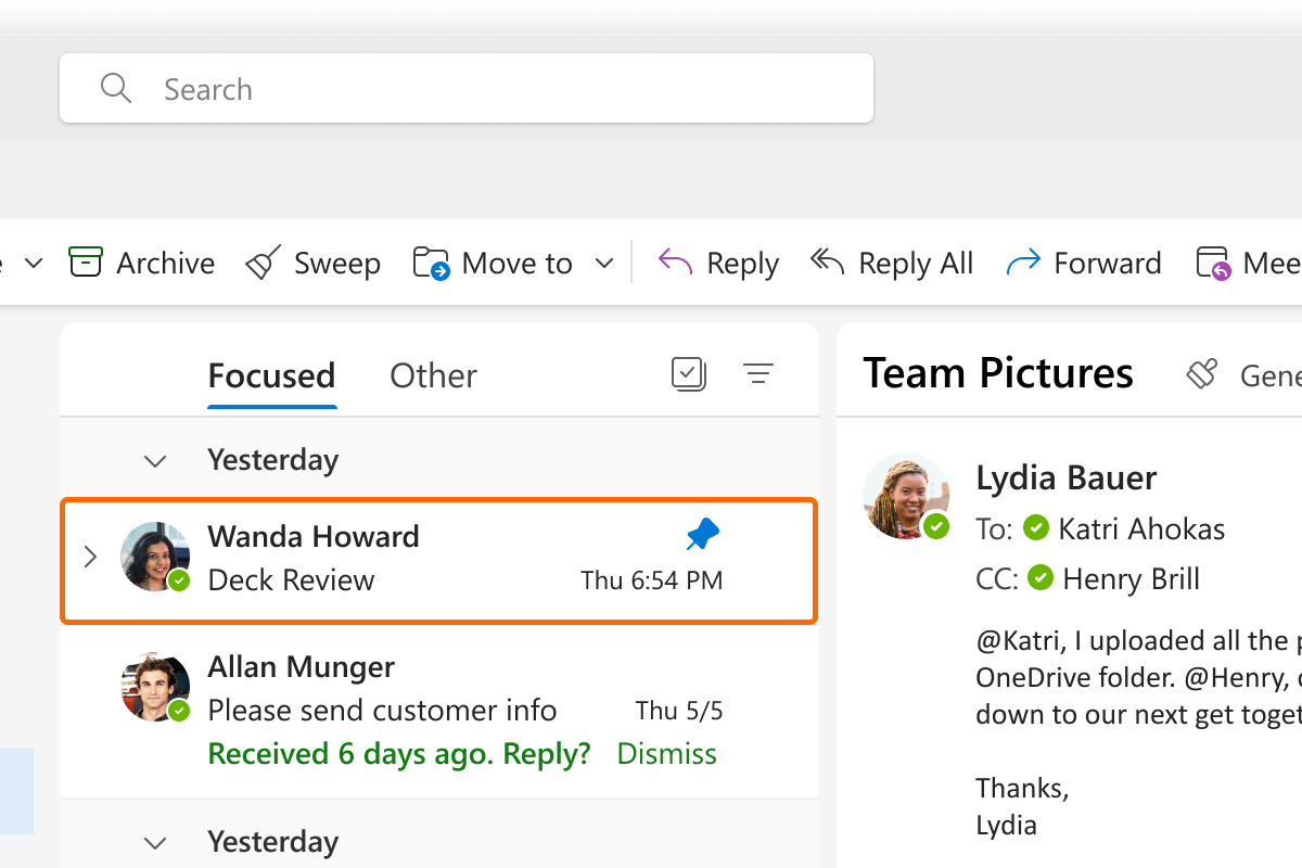 大事なメッセージはピン留めして受信トレイの上に固定表示。その下はAIによるリマインダー