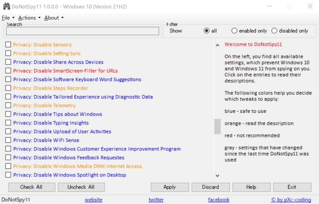 各設定項目はブルー、オレンジ、レッド、グレーの4色で色分け。安全に使用できるか一目でチェックできる。ウィンドウ右側には解説も表示される