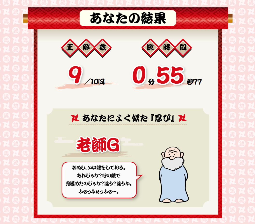 結果画面。プレイヤーによく似た「忍び」が表示される