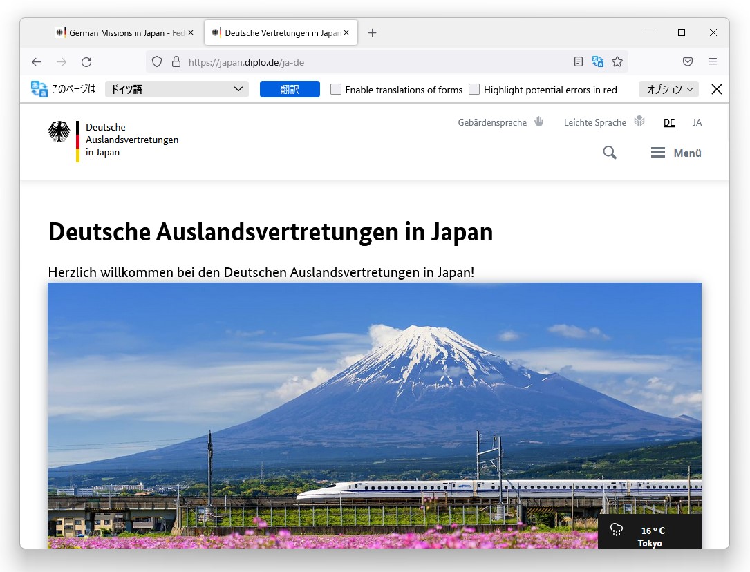 ドイツ語のWebページを英語に翻訳した様子。翻訳処理はローカルで完結するので、どのWebページ、どんな内容を翻訳したかが外部に漏れることはない