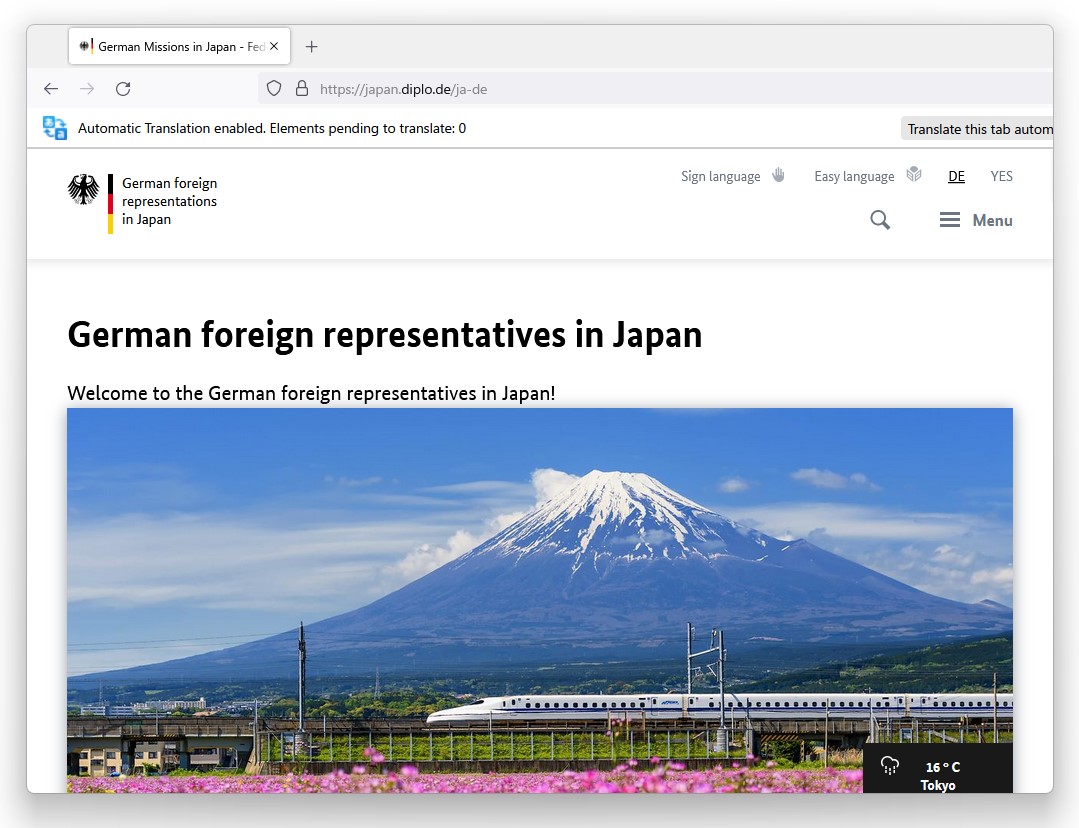 ドイツ語のWebページを英語に翻訳した様子。翻訳処理はローカルで完結するので、どのWebページ、どんな内容を翻訳したかが外部に漏れることはない