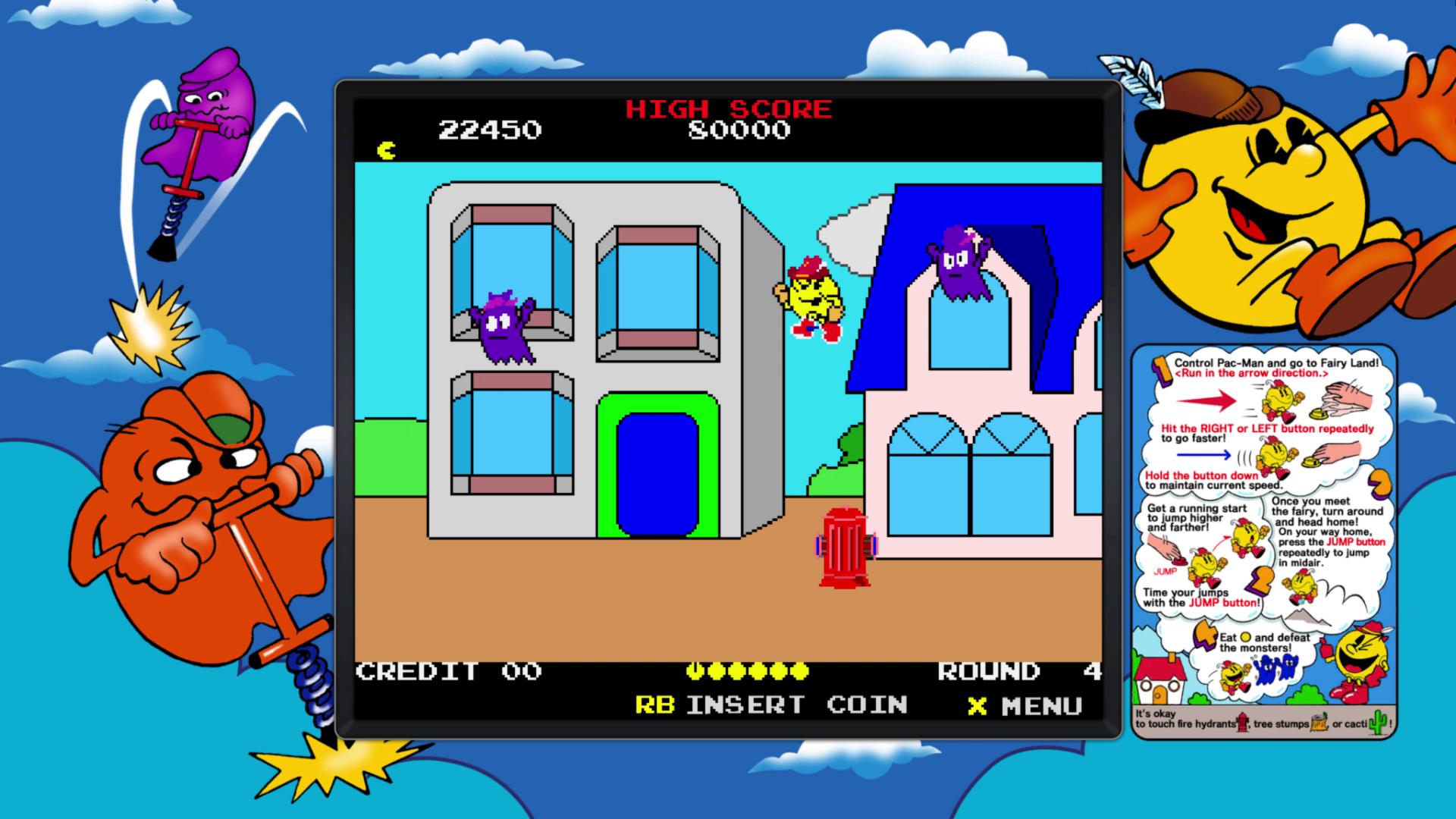 「パックランド」。全く新しい横スクロールゲームになったのに加え、目的地に到着したら今度は逆方向に帰るのが斬新