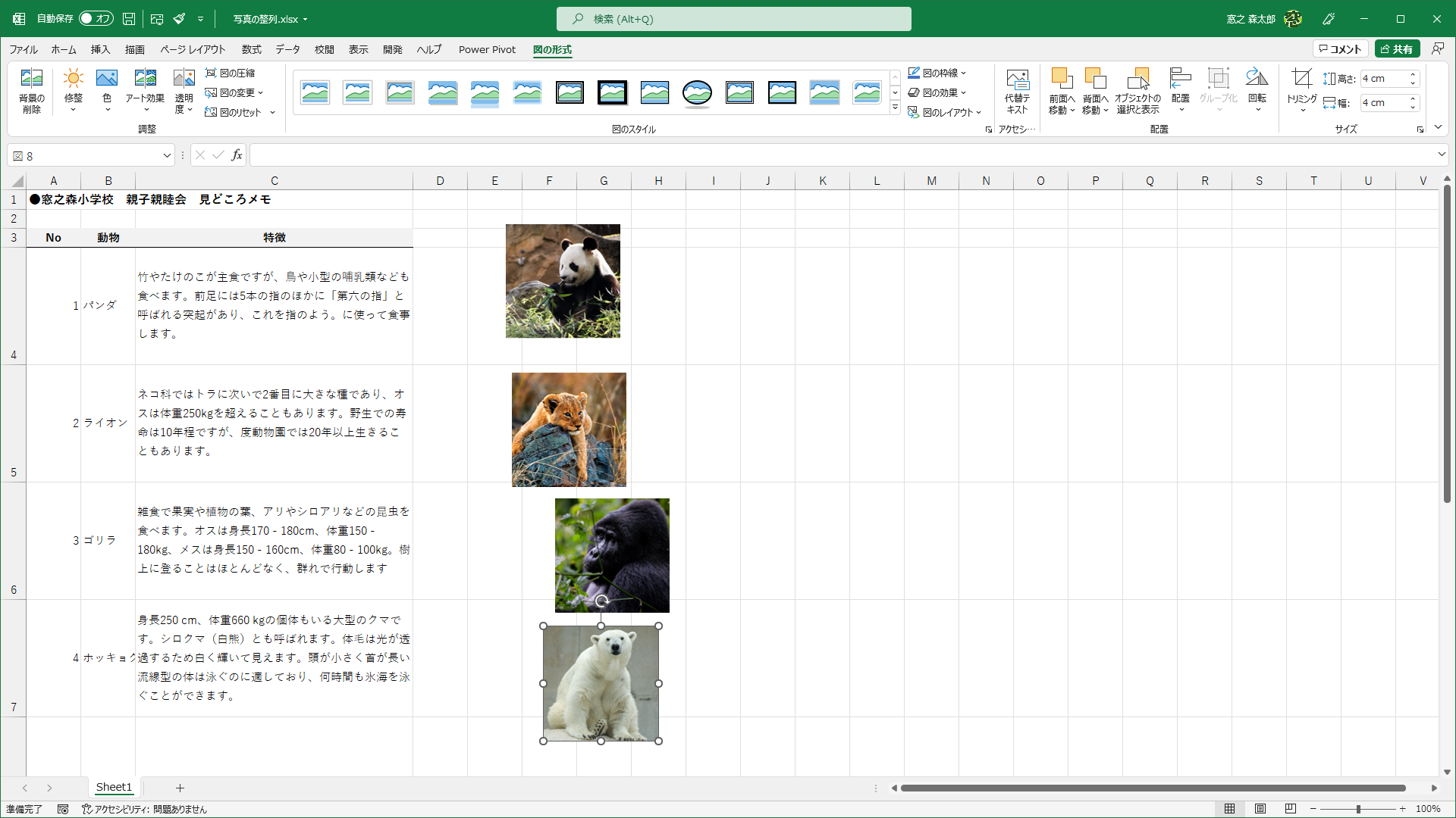 ほかの写真のサイズも「4cm」に変更しました