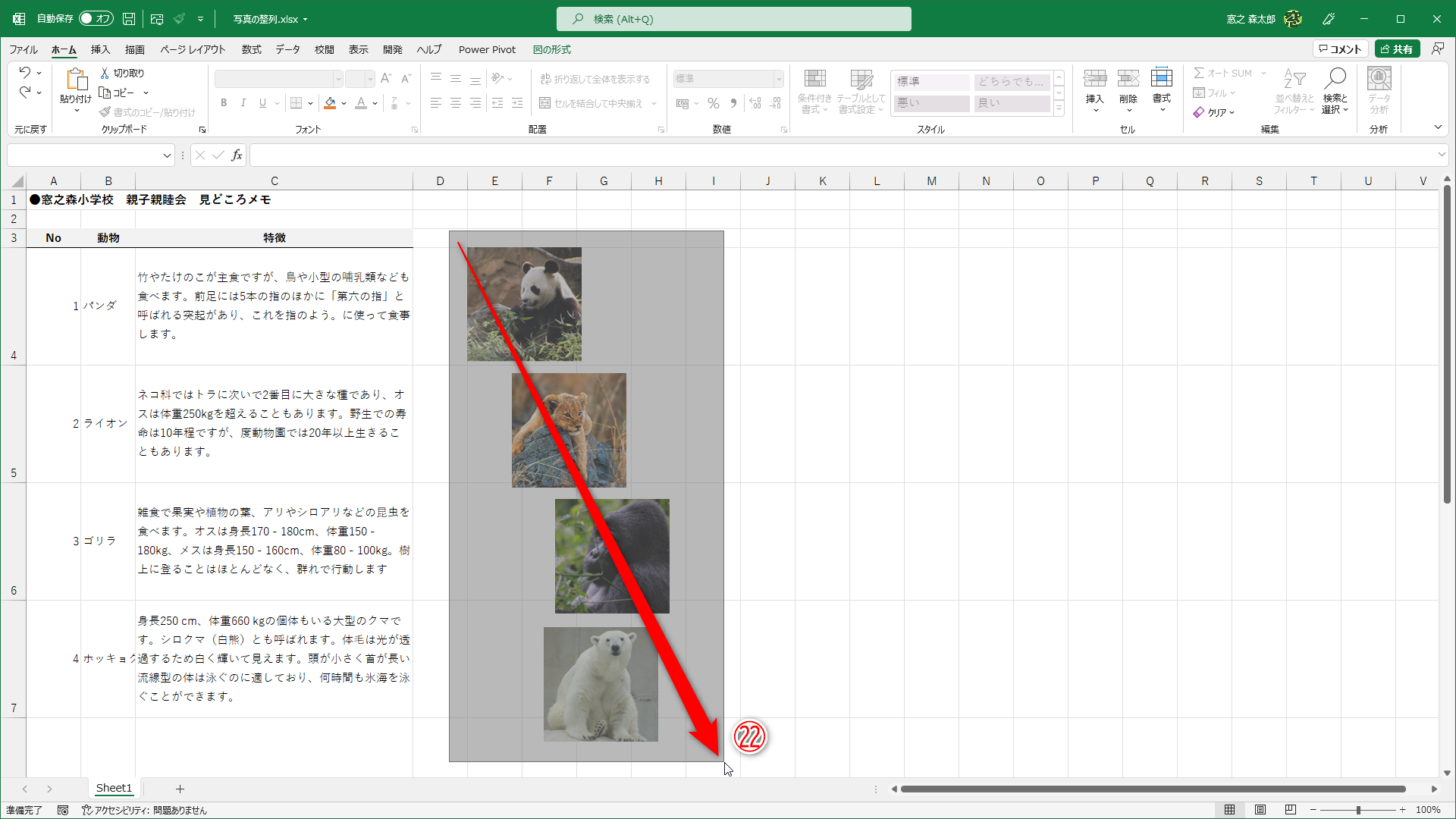 マウスポインターの形が変わります。オブジェクトを囲むようにドラッグ（㉒）します