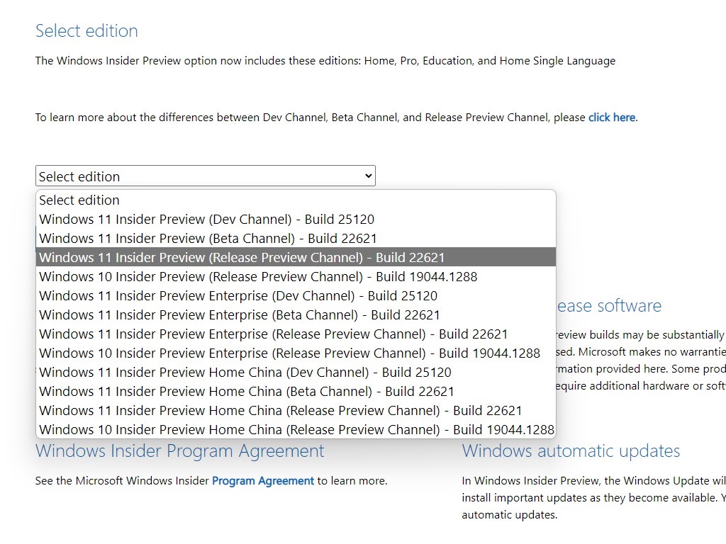 「Windows Insider Preview」のダウンロードページで提供されているISOイメージファイル。「Release Preiew」チャネルの「Build 22621」を選択