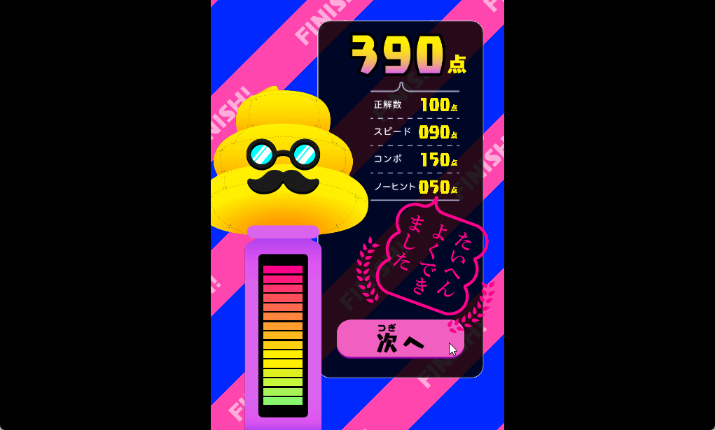 クリア後は正解数・回答スピード・コンボの回数などで点数がつけられる