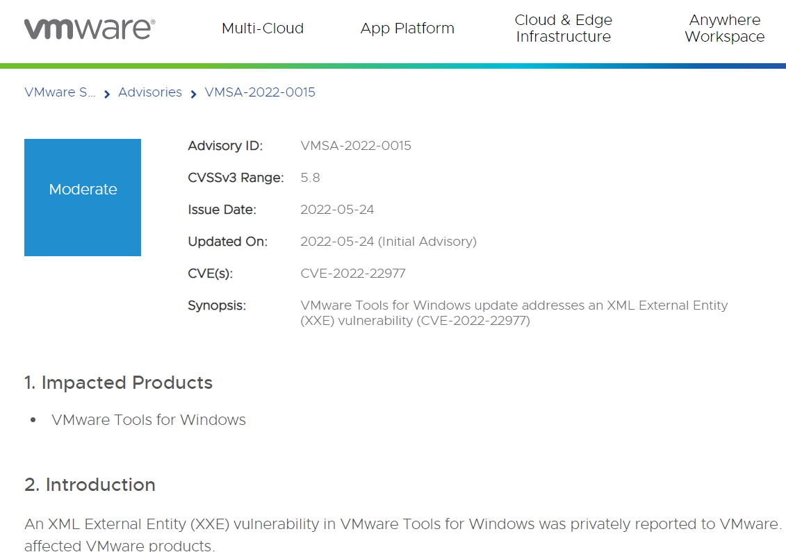 VMware社のサポート文書「VMSA-2022-0015」