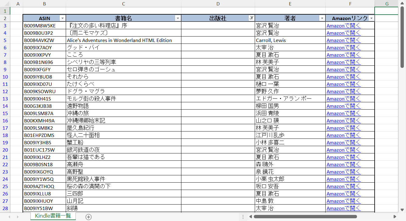 出力されたファイルを開くと、蔵書の一覧がExcelファイルで表示される。この時点ですでにフィルターによる絞り込みが可能になっている